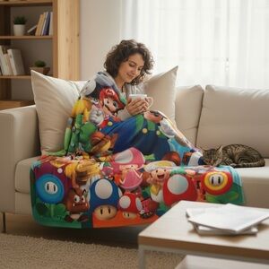 Nintendo Super Mario Bros fleece throw w/friends from the Mushroom Kingdom NWT